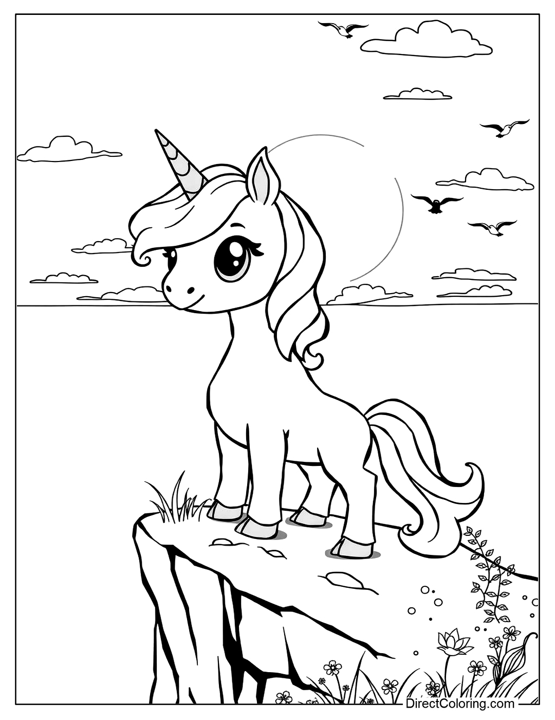 Unicorn on the Cliff Coloring Page